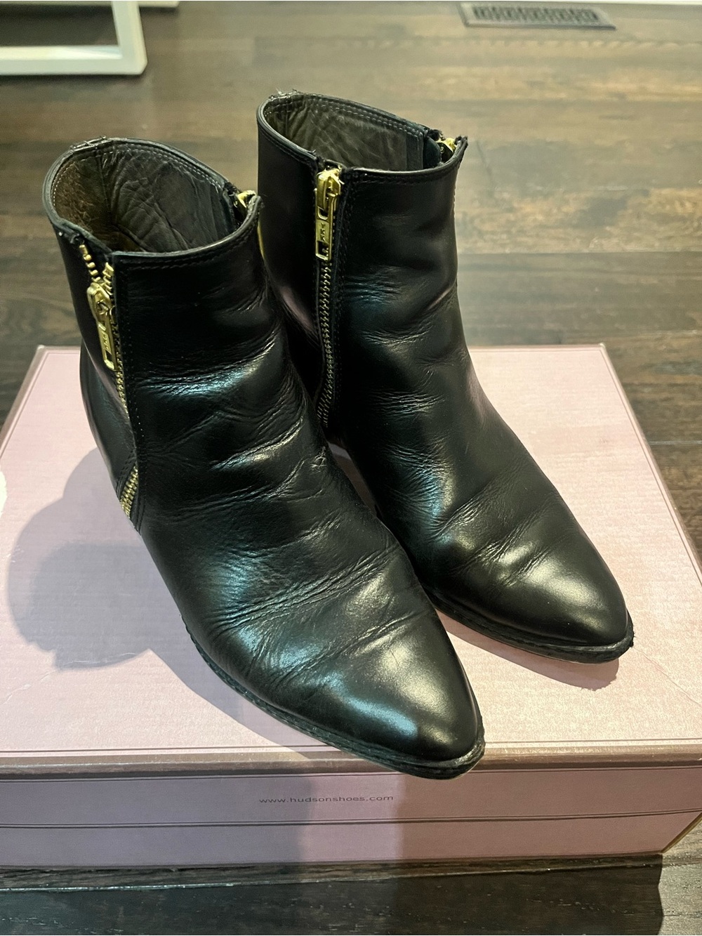 H By Hudson Black Pointed Leather Ankle Booties with Gold Zippers